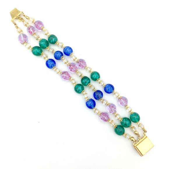GIVRE glass bead vintage bracelet - 3-strand knotted gold-tone caps fancy clasp - Picture 7 of 8